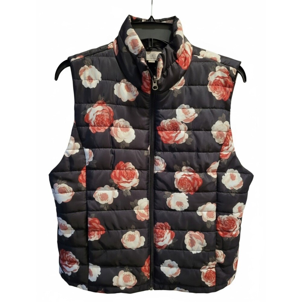 LOFT Outlet Floral Puffer Vest Womens L Black Rose Print Cottagecore Fall